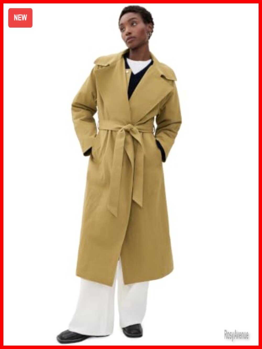 Heavyweight Gabardine Trench Coat Snap Placket Self-Belt Long Sleeve